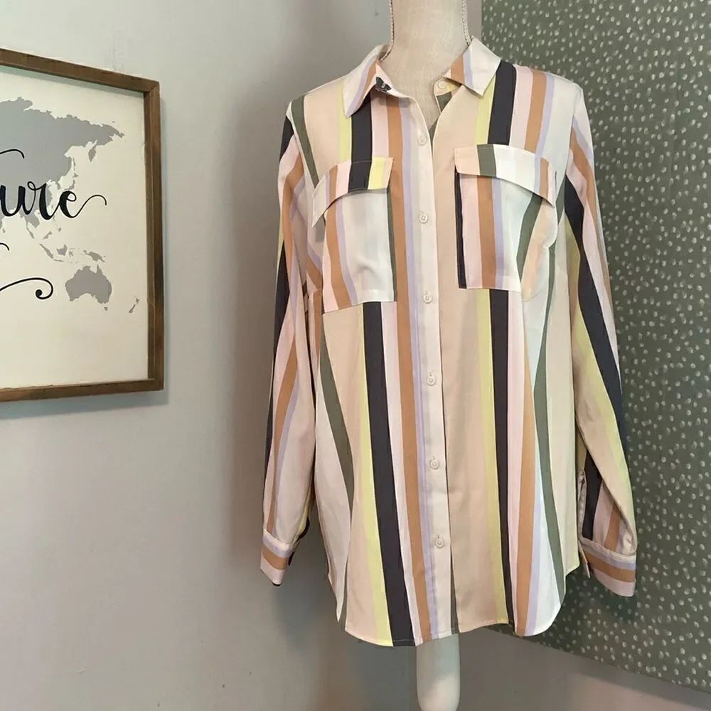 EVRI Neutral Chic Striped Long Sleeve Button Down Blouse Size 0X New with Tags